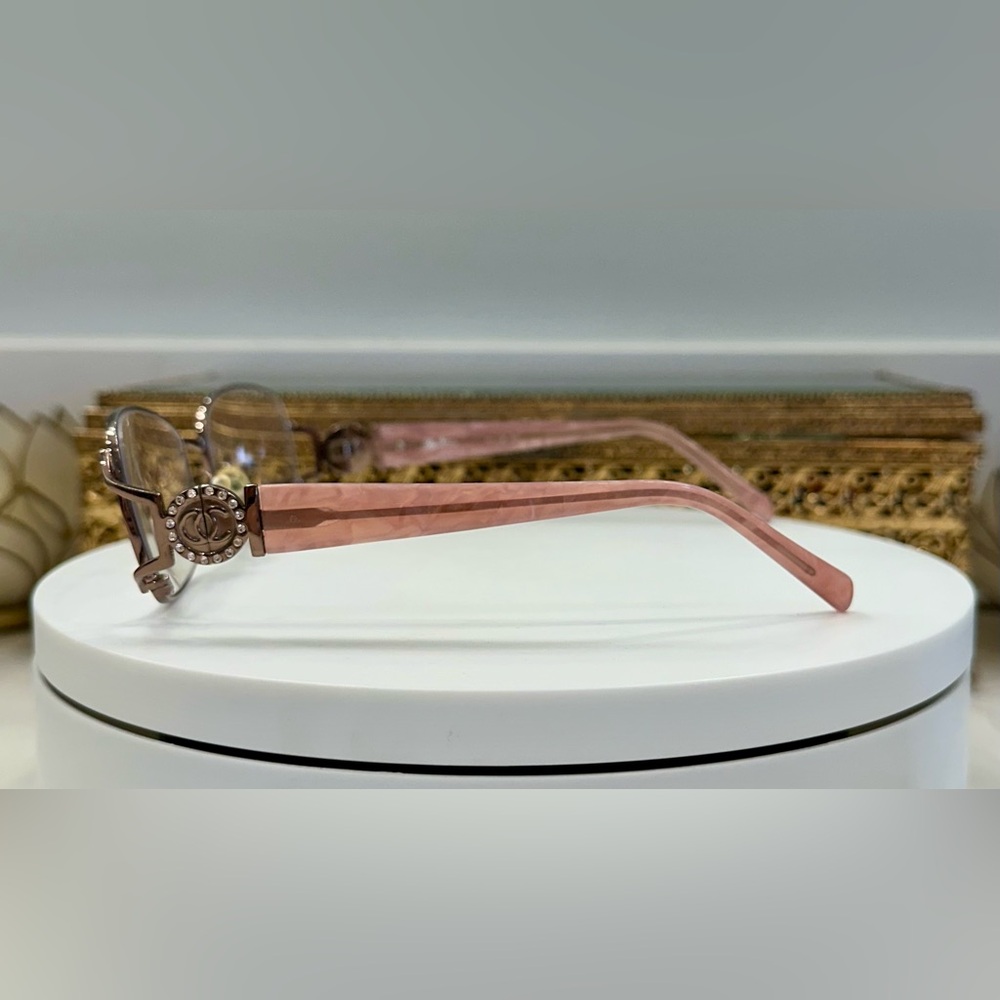 Oleg Cassini - Rose Pink Marbled Rx Eyeglass Frames/Crystal Logo Accents - EUC - Picture 8 of 16